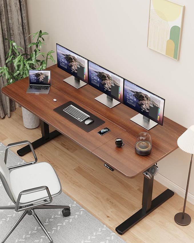 Standing Desk, Large Height Adjustable Electric Stand up Desk, 63 x 24 Inches Sit Stand Home Office Desk, with Splice Board, Black Frame/Walnut Top