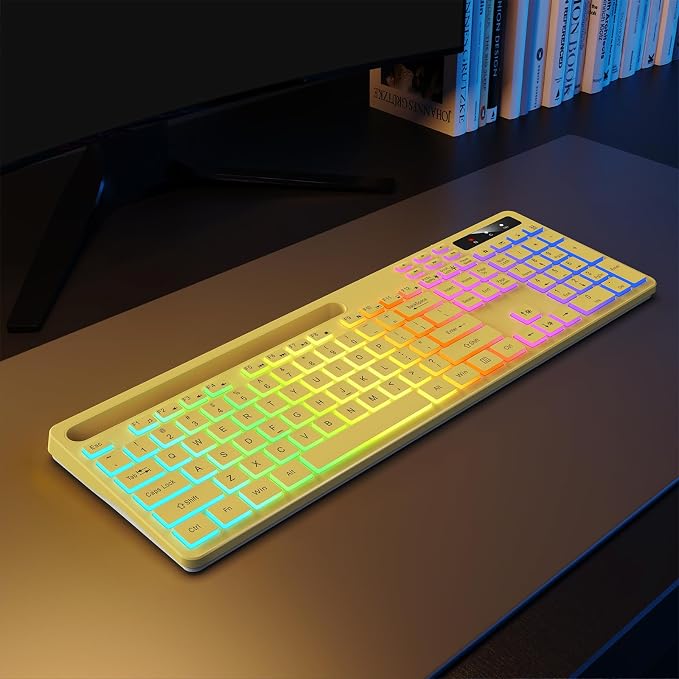 Soueto Wireless Keyboard with 7-Color RGB Backlit, Full-Size Computer Keyboard with Phone Tablet Holder, 2.4G Rechargeable Gaming Keyboard with Light Up Keys, Compatible with Mac, Windows (Yellow)