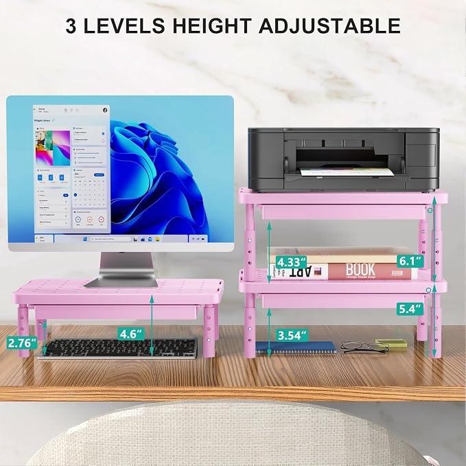 WALI Computer Monitor Stand with Storage, Monitor Riser 3 Height Adjustable | Laptop Riser with Airflow Vents, Desk Organizer for Computer, Printer, Notebook (PTT002-P), 1 Pack, Pink