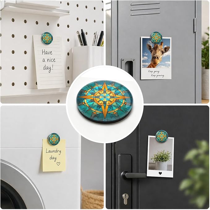 12 Pack Stained Glass Nautical Compass Fridge Magnets | Round Crystal Glass Decorative Whiteboard Refrigerator Magnet for Kitchen Classroom Office