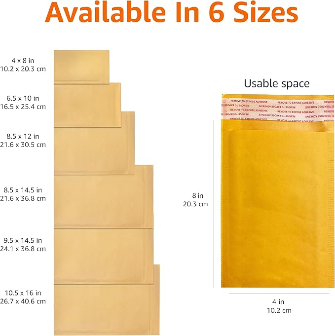Amazon Basics Kraft Bubble Self-Seal Padded Envelopes for Shipping, 4" x 8" (Internal Size - 3.75" x 7"), Brown, 50-Pack