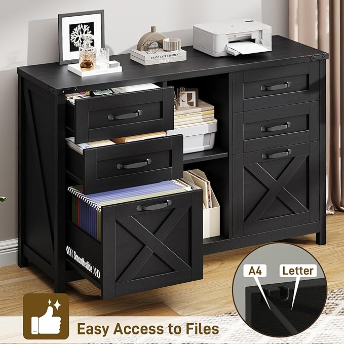 Halitaa Farmhouse Lateral File Cabinet with 6 Drawers, Rustic Black | Lateral Filing Cabinet for Letter/A4 Size Hanging File, Wood File Storage Cabinet Printer Stand for Home Office Cabinet