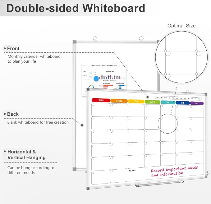 Colorful Dry Erase Calendar Whiteboard for Wall 36x24 Double-Sided Magnetic | Monthly Calendar, 7 Color Design, Wall Mount Hanging, Aluminum Frame, Smooth Dry Erase, Home School Office, Complete Kit