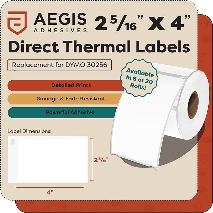 Replacement for DYMO 30256 (20 Rolls, 6000 Labels) 2 5/16" X 4" | Direct Thermal Shipping Labels - Compatible with LabelWriter 450, 450 Turbo, 4XL Printers (NOT 550, 5XL) - Aegis Adhesives