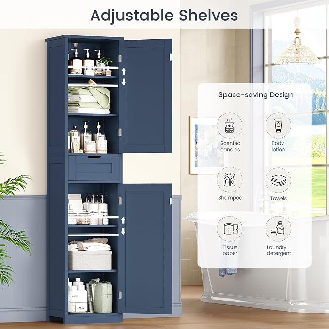 Iwell 67" Tall Bathroom Cabinet, Storage Cabinet with 2 Doors & 1 Drawer, Bathroom Storage Cabinets with Adjustable Shelves, for Living Room, Laundry Room, Home Office, Blue