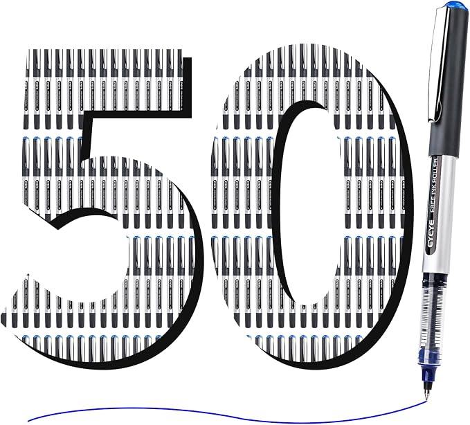 EYEYE Blue Rollerball Pens 50 Pack, 0.5mm Extra Fine Point Roller Ball Pen | Back to School Essential, Quick Drying, Liquid Ink Pens Fine Point Smooth Writing Pen for Journaling, Office Supplies