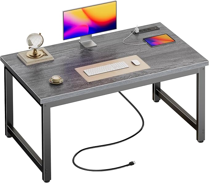 Huuger 48 x 24 inch Desk with Power Outlets & USB-C, Deeper & Thicker Desktop, Robust Metal Tubes, Computer Desk, Heavy Duty Office Desk, Work Gaming Desk for Home Office, Grey