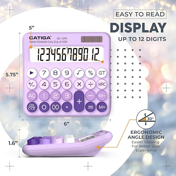 CATIGA Mechanical Switch Calculator with Solar and Battery Dual Power, 12-Digit Large LCD Display, Aesthetic and Cute Desktop Calculator with Big Button, for Home, School and Office Use, SD-1299