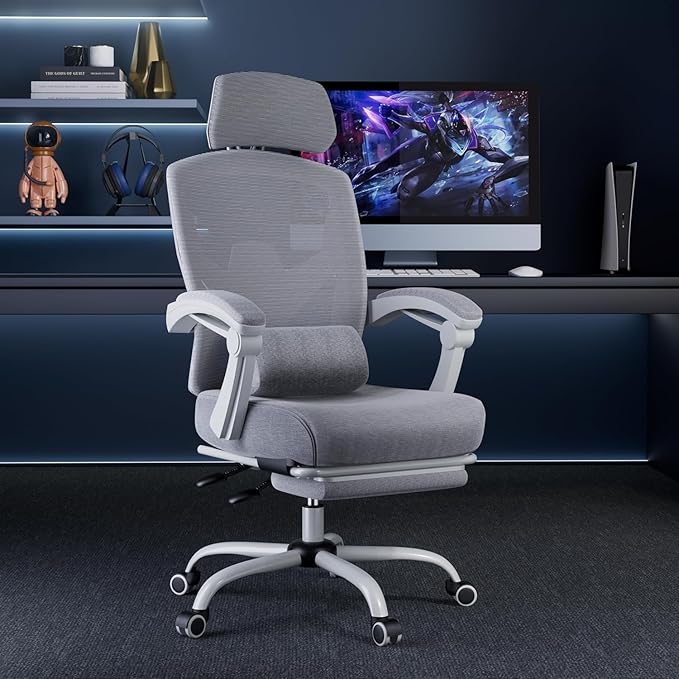 DUMOS Home Office Desk Chair with Footrest, High-Back Mesh Rolling Swivel Reclining Chairs with Wheels, Comfortable Headrest, Lumbar Support, Comfy Arms for Home, Office, Gaming, Student,Elegant Grey