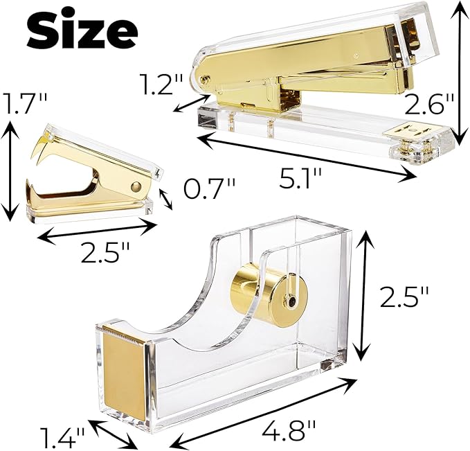 Hiceeden Acrylic Gold Stapler and Tape Dispenser Set, Desk Accessories Office Supplies Includes Tape, Staple Remover and 1000pcs 24/6 Staples, Modern Cute Stapler Set for Desk