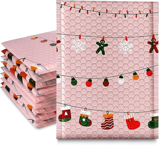 JinRuiKJ Christmas Bubble Mailers 4x8" 50 Pack, Padded Envelopes, Strong Adhesion Padded Mailers, Cushioning Padded Shipping Envelopes for Jewelry, Makeup - Christmas Lights