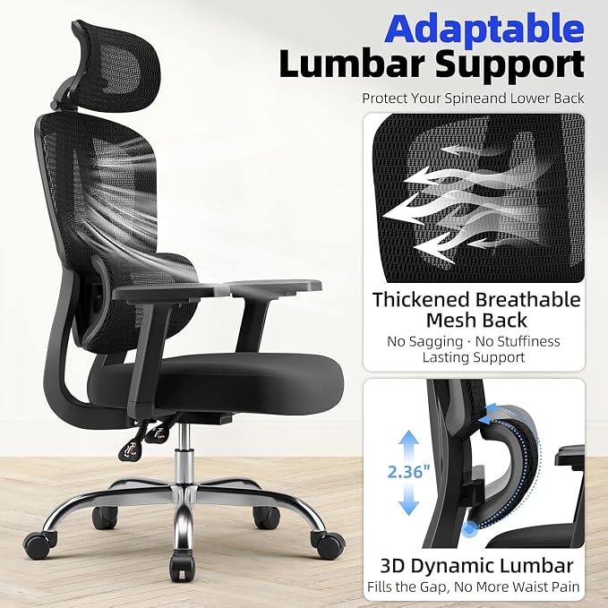 Office Chair Ergonomic Desk Chair Breathable Mesh Chair with Lumbar Support & Headrest, Black Office Chair 330 Lbs Home Computer Chair Thickened Cushion for Adults & Women (Small Chair)