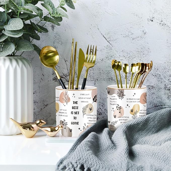 Cute Desk Pencils Pen Holder, Pencil Cup Holder for Desk, Ceramic Desktop Storage Pen Pencil Organizers Stationery Supplies for Office, Home, Words Pattern