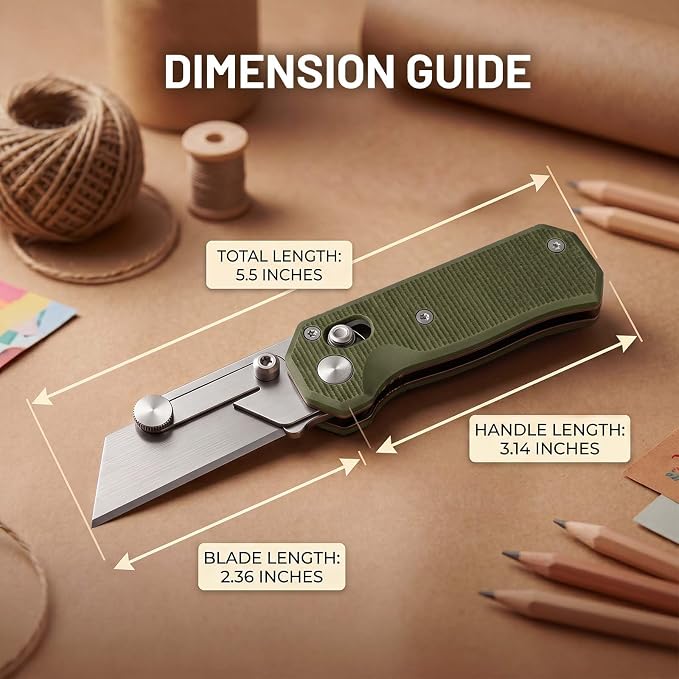 Folding Utility Knife, Pocket Knife, Box cutter Knife with Pocket & Rail Lock, Durable Razor Knife for Home Office Warehouse Everyday Carry, Gift for Men Women（Green）