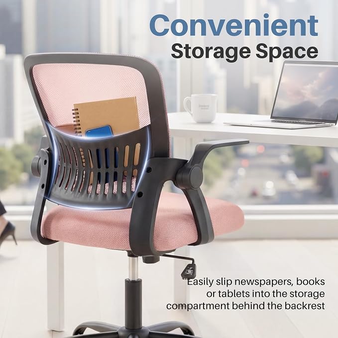 DUMOS Office Desk Chair, Lumbar Support Mesh Home Chair | Ergonomic Computer Mesh, Rocking Mode Flip-up Armrest, Height Adjustable 360 Swivel, Pink