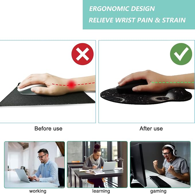 Mouse Pad with Wrist Support, Ergonomic Mouse Pad with Memory Foam Wrist Rest Cushion, Non-Slip Rubber Base Gaming Mice Pad for Home Office Computer Laptop, Moon Phase