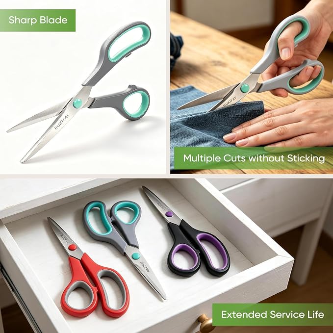 Scissors All Purpose Heavy Duty 3Pack, RUKIFAY 8"Scissors for Office School | Sharp Shears Bulk Set for Home Craft Fabric Sewing Supplies Middle Student Classroom Teacher Comfort Grip Right/Left Handed