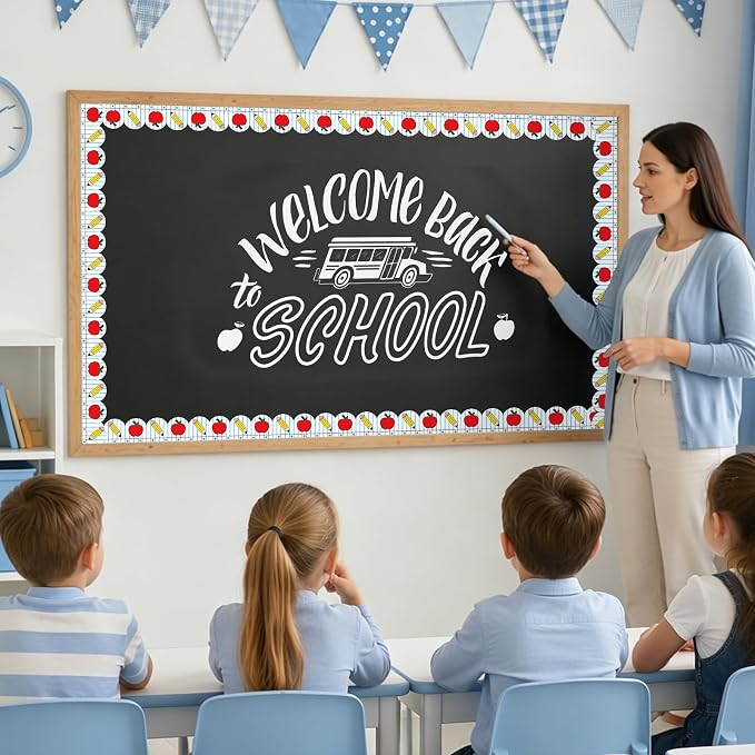 Whaline 32.8 Ft Apples Pencil Bulletin Board Border Back to School Decor | Notebook Border Trim, Self Adhesive Bulletin Board Stickers Roll, for Classroom Office Party Wall Decor