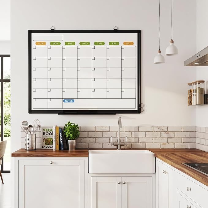 24" x 18" Magnetic Monthly Dry Erase Whiteboard Calendar for Wall | Double-sided & Smooth Writing Calendar White Board Hanging with Black Aluminum Frame, Home, School, Office