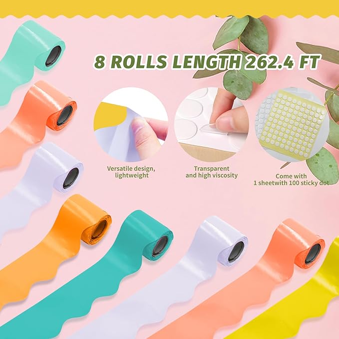 8 Rolls 262.4 Ft Bright Bulletin Board Borders Set - Decorations for Office, School Classroom Decor, Teachers & Home DIY - Posters & Birthday Parties - Board Trim （Zestera Color）