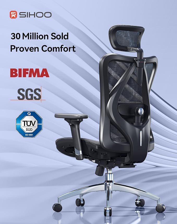 SIHOO M57 Ergonomic Mesh Office Chair, High Back Home Desk Chair with 3D Armrests, Lumbar Support and Adjustable Headrest, Comfortable Computer Chair, Big & Tall Office Chair Hold 330 LBS-Ebony