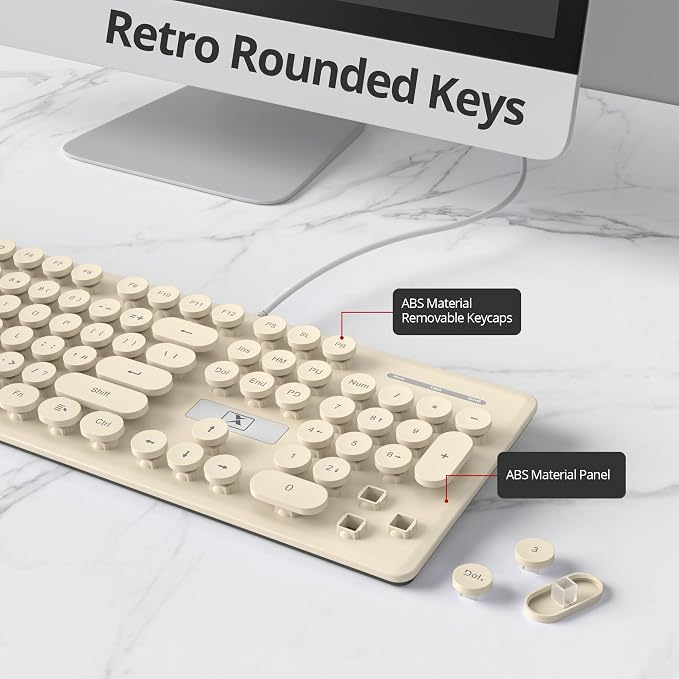 surmen Cute Quiet Keyboard Wired Retro Typewriter, Full Size Soft Keyboards with Number Pad, Round Keys, Backlit USB for Office, Desktop, Laptop (Beige)