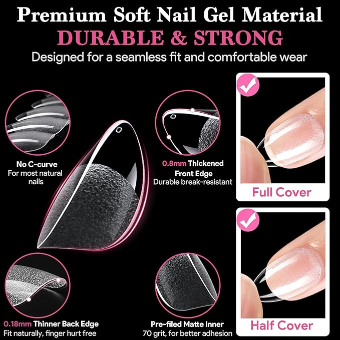 Short Almond False Nail Tips, 15 Sizes 510 PCS Clear Soft Press On Fake Nail Pre-shaped Half Matte Full Cover Gel Nail Tips Extensions Strong Thick Long Lasting for DIY Beginners & Salon Manicure