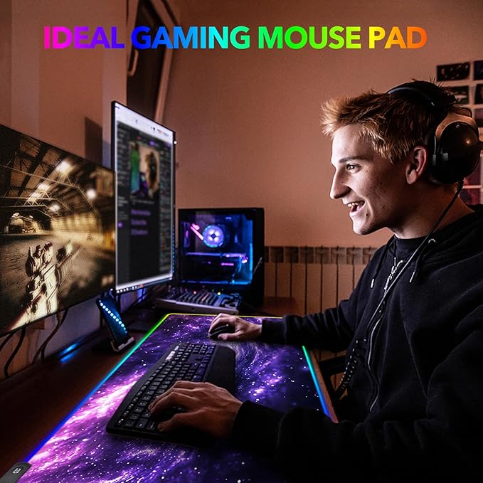 AIMSA RGB Mouse Pad LED Gaming Mouse Pad with 14 Lights Modes, Non-Slip Rubber Base Computer Carpet Desk Mat for PC Laptop (35.4 x 15.8 inch) Purple Blue Nebula