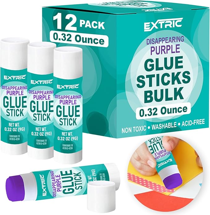 Purple Glue Sticks for Kids, Stick Glue Bulk Classroom 12 Count, 0.32 Ounce All Purpose, Washable for Kids School and Home Use