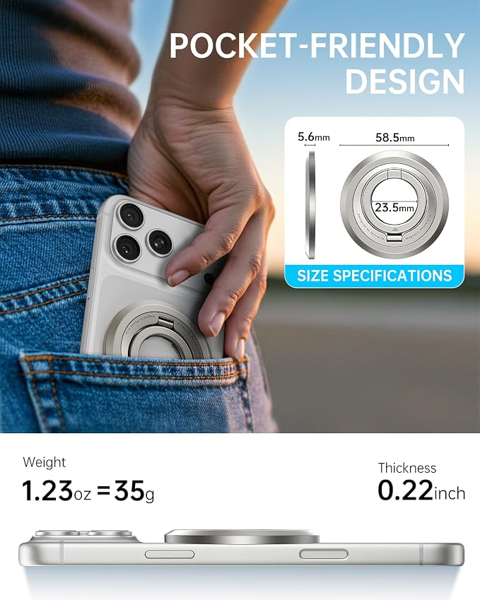 SYNCWIRE Magnetic Phone Ring Holder, for MagSafe Phone Grip Stand Kickstand | 360° Rotation, Double-Sided Magnet, Cell Phone Grip Finger Holder, for iPhone 17 16 15 14 13 12 Pro Max, MagSafe Accessories