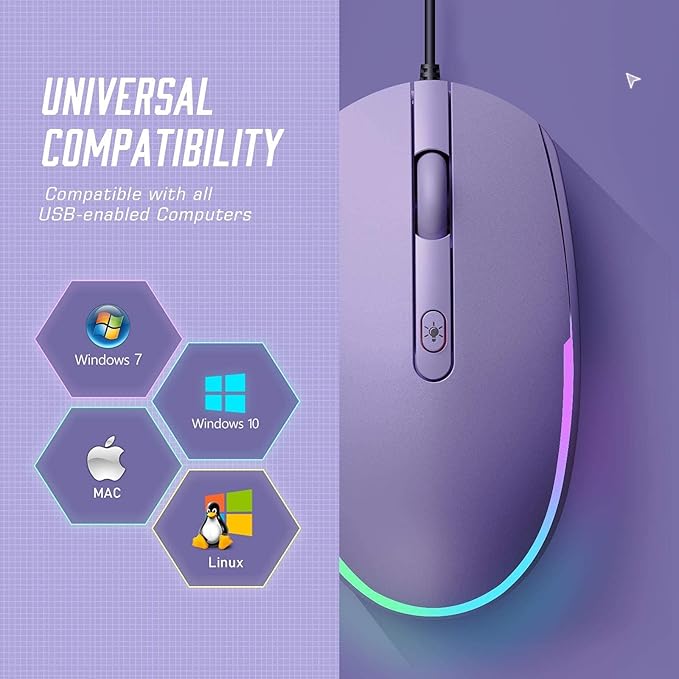 seenda Wired Mouse - USB Computer Mice Wired with RGB Backlit Optical LED Mouse with Attached USB Cord for Laptops Notebooks Chromebook - Purple