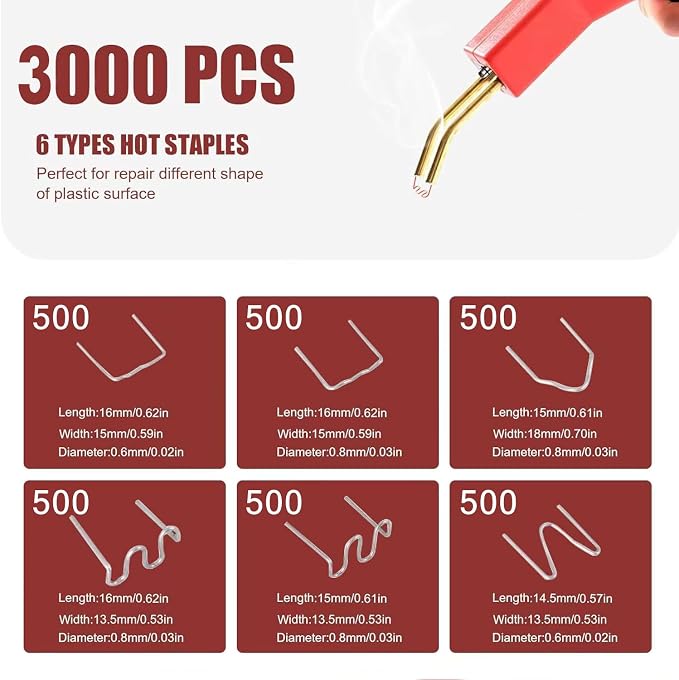 DLronwey Plastic Welding Staples 3000 pcs,6 Types Hot Staples for Decoration,Auto Repair,Architectural Modelling,Toy Manufacturing,Etc.