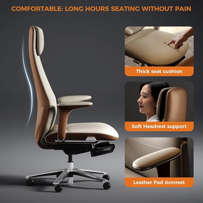 TOMU Executive Office Chair with Foot Rest, Top Grain Genuine Leather Office Chair, Ergonomic High Back Design. Real Leather, Wheels, Alumium Base. Padded Armrest, Luxury and Comfy (Beige)