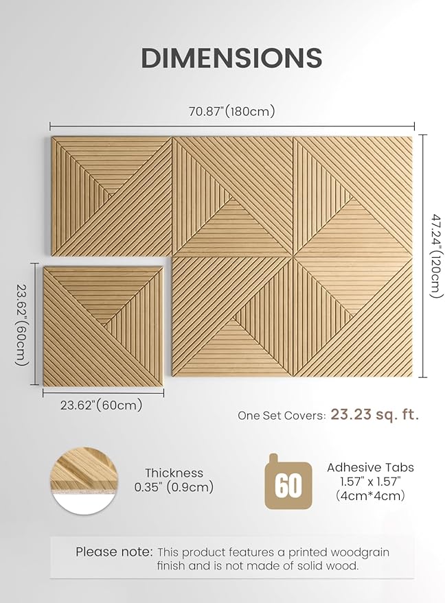 Fluxynara Large Felt Bulletin Board,Cork Board Alternative 70.87'' x 47.24'' Art Acoustical Wall Panels-6 Pack with 60 Adhesive Tabs,for Recording Studio/Home Offices-Natural Oak/Facet