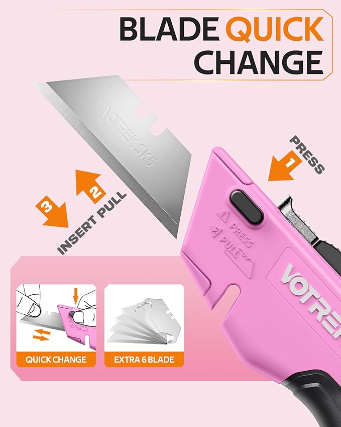 VOTREK® Box Cutter Utility Knife, 2-in-1 Safety Retractable Box Cutter for Women, Quick Change Razor Knife for Home, Office & DIY, Blade Storage Design, with Extra Sharp Razor & Hook Blades (Pink)