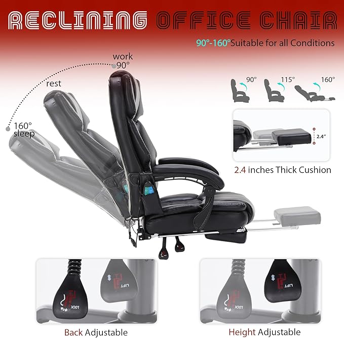 Massage Office Chair with Foot Rest 6 Points Vibration and Heat Home Office Desk Chairs for Heavy People 400lbs Reclining Managerial Chairs Ergonomic Executive Chair (Black)