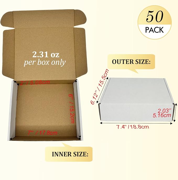 Small Shipping Boxes 7x6x2, Set of 50, White Corrugated Cardboard Box Mailer (YD762-50W)