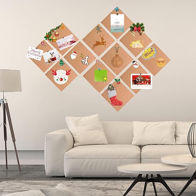 SUNGIFT Cork Board Tiles 12"x12" - 1/2 Inch Thick, 12 Pack | Self-Adhesive Square Bulletin Boards with 100 Push Pins for Photo Walls, Office Notes and Dorm Decor