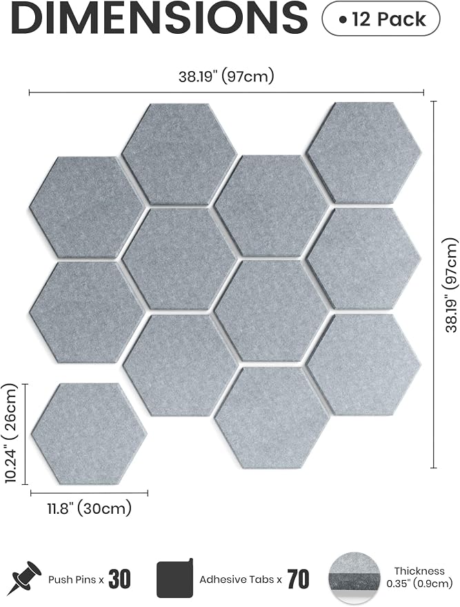 Fluxynara 12-Pack Hexagon Felt Bulletin Board Tiles, Blue Gray | Cork Board Alternative with 60 Adhesive Tabs for Notes, Photos and Reminders in Home Offices, Dorm and Classrooms