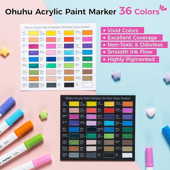 Ohuhu Acrylic Paint Markers Dual Tips: 36 Colors Brush & Dot Paint Pens High Opacity Acrylic Markers Waterproof Lightfast for Rock Painting 3D Prints Eggs Wood Glass Ceramic DIY Crafts - Akaka