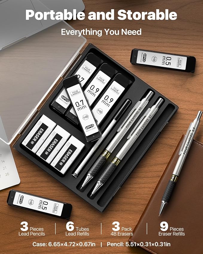 3PCS Metal Mechanical Pencil Set - 0.5 & 0.7 & 0.9mm with 360 Leads, 12 Erasers, Art Mechanical Pencils Pack with Storage Case for School Writing, Sketching, Drawing & Professional Drafting