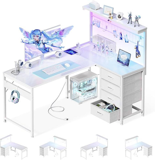 MOTPK 43” L Shaped Gaming Desk for Small Rooms, Compact Corner Computer Table with Shelf & Hutch, 4 Drawers, Reversible Study Table with LED Light, Power Outlets & USB Ports, Home Office Table, White
