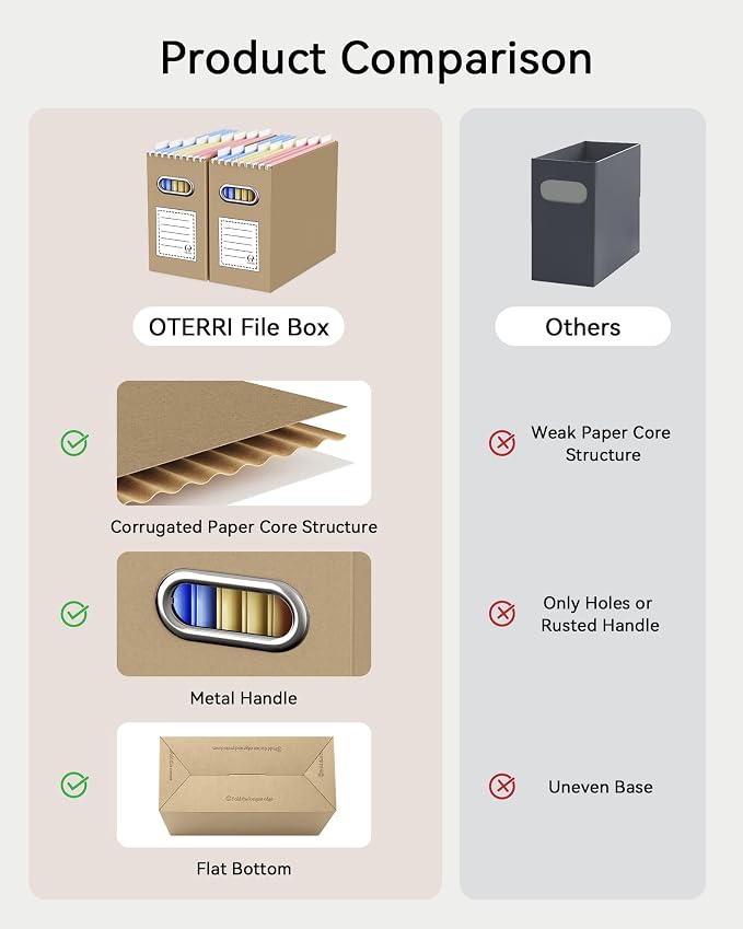 Portable Collapsible Cardboard File Box with Handle for Letter-Size | 2-Pack. Stainless Steel Handle. Label Stickers Included. Fits Letter Folders (Not Included). Home, Office, School, Dorm, Tax.