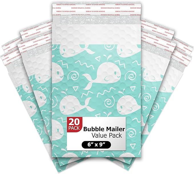 #0 6x9 (20pcs) Blue Whales Designer Self Seal Poly Bubble Mailers Shipping Envelopes Padded Bags