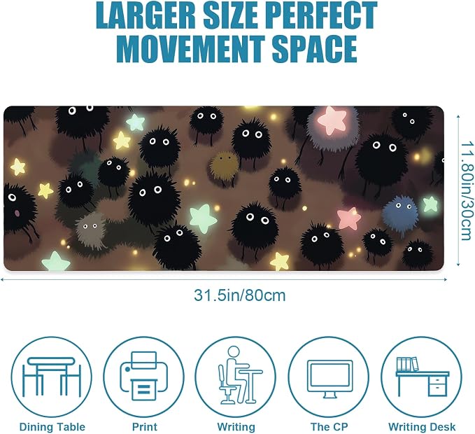 Gaming Mouse Pad, Large Mousepad XL Extended, Desk Mat, Computer Keyboard Mat, Non-Slip Stitched Edges Rubber Base, Home&Office, 31.5x11.8in, Japanese Anime Cute Black Dust Fairy Design