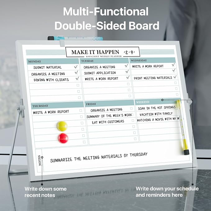 Weekly Calendar Whiteboard with Stand, Dry Erase Magnetic 16"x12" | 10 Markers, 6 Magnets, 1 Eraser, Portable Desktop Weekly Schedule Whiteboard for School, Office & Home Planning