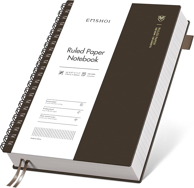 EMSHOI Lined Spiral Journal Notebook, 300 Pages, A4 Size (8.2'' x 11.2'') | College Ruled, 100 GSM Perforated Thick Paper, Flexible Plastic Cover, for School, Writing, Work & Journaling (Coffee)
