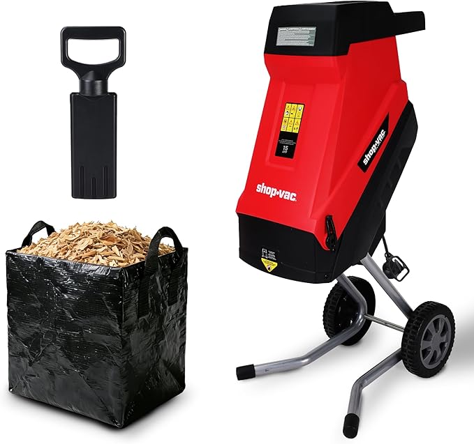 Shop-Vac Electric Wood Chipper, 15-Amp Wood Chipper Shredder with 45L Collection Bag and Push Paddle, Double-Sided Blade, 1-3/4 Inch Cutting Diameter for Yard Debris, Branches, and Leaves