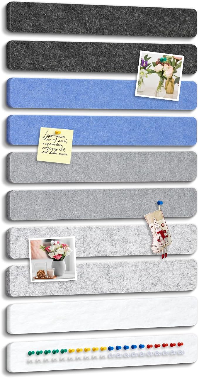 DOLLAR BOSS 10-Pack 13"x2" Felt Board Strips, Cool Gradient Mix | Small Cork Board for Walls, Alternative Bulletin Pin Board, Bar Strip, For Office Home Door Fridge, Includes 40 Pins