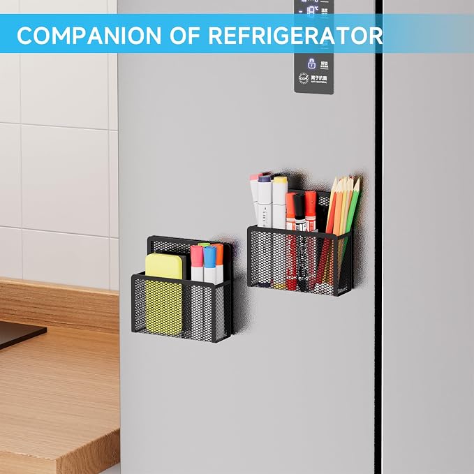 Marbrasse Magnetic Dry Erase Marker Holder, Mesh Pen Holder for Whiteboard，Magnet Pencil Organizer Storage for Refrigerator Locker Accessories Organizer for Home, School and Office(Black)
